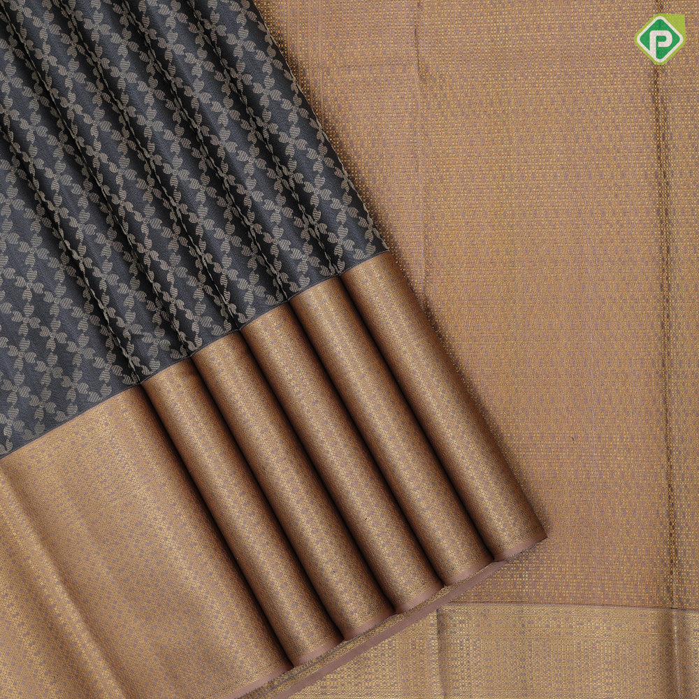 Steel grey silver gold zari grand geometrical design peach gold zari digital pattern design border bridal silk saree
