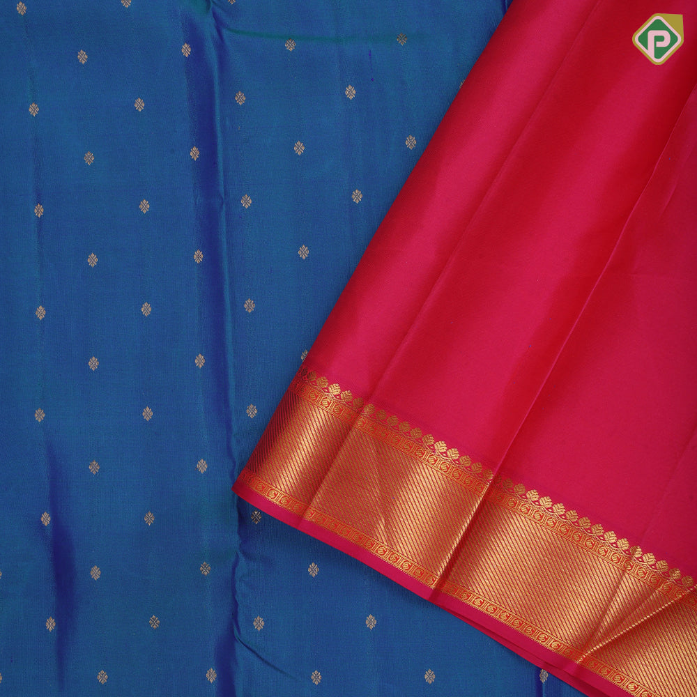Peacock Blue Gold Zari Small Butta Design Magenta Colour Bavanji Border Design Traditional Silk Saree