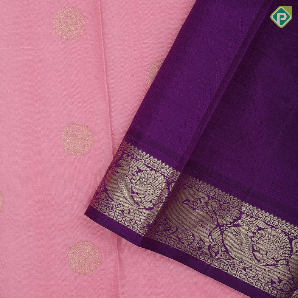 Salmon Pink Gold Zari Peacock Motif Design Purple Colour Yazhi Peacock Ruthracham Border Design Traditional Silk Saree