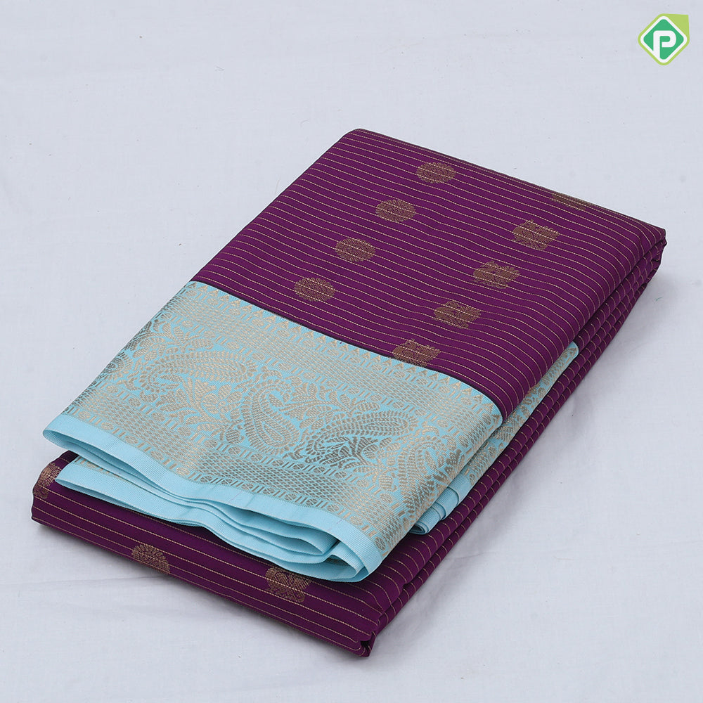 Chocolate brown gold zari peacock chakkaram butta stripes sky blue gold zari mango butta border art silk saree