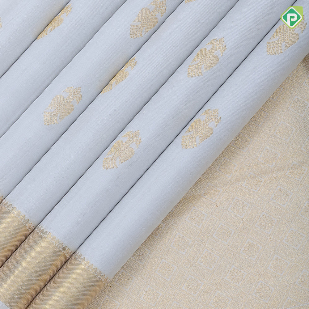 Pure white gold zari gandapiranda butta motifs self gold zari bavanji border traditional silk saree