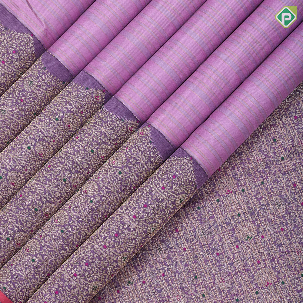 Lavender base gold zari padded grey Lines design light purple gold zari meena work banarasi style border Fusion silk saree
