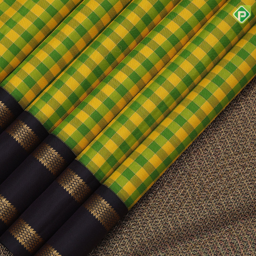 Green and yellow gold zari checks design brown gold zari retta pattai border traditional silk saree