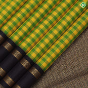 Green and yellow gold zari checks design brown gold zari retta pattai border traditional silk saree