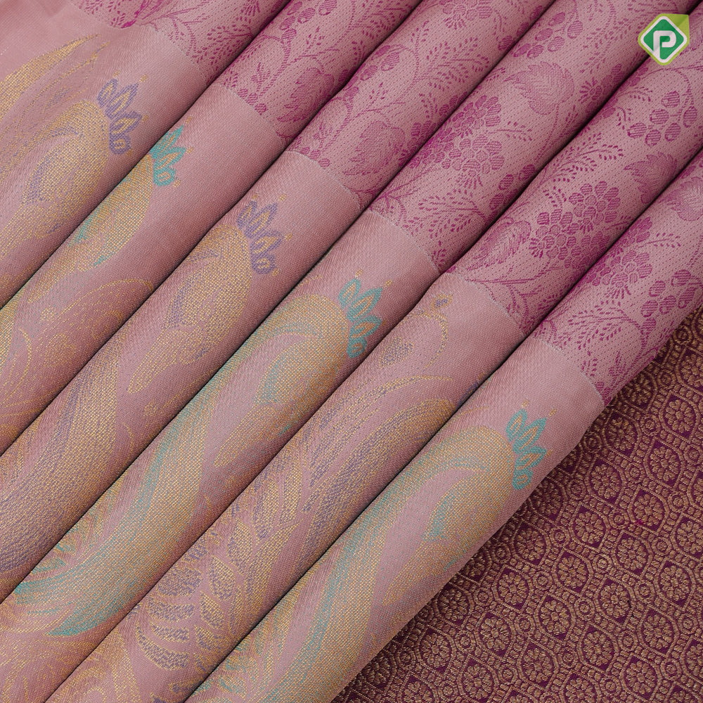 Onion pink purple flower creeper weaved design self onion pink multi colour fancy butta border trendy designer silk saree
