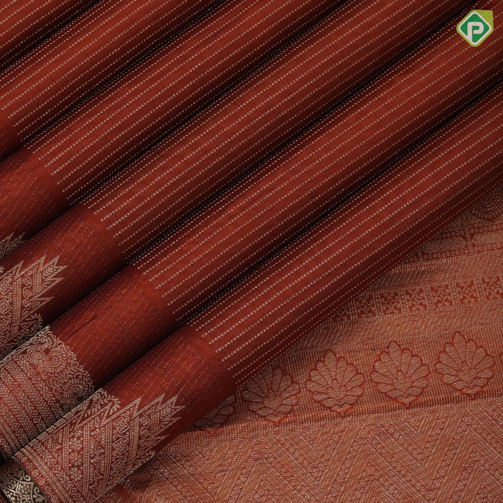 Rust orange gold zari vairaoosi stripes design self gold zari temple rack design edge border gift silk saree