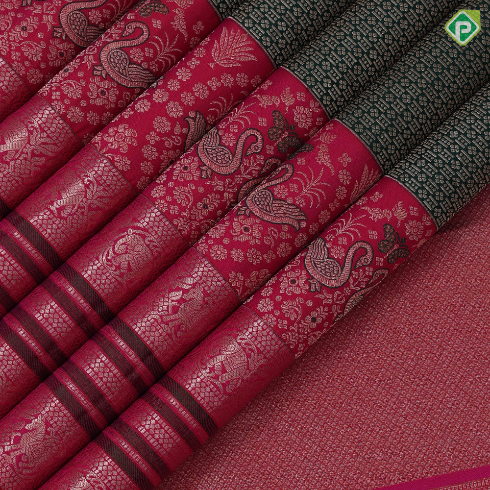 bottle green with copper silver zari self butta design tomato red silver gold zari double annam butta border grand silk saree