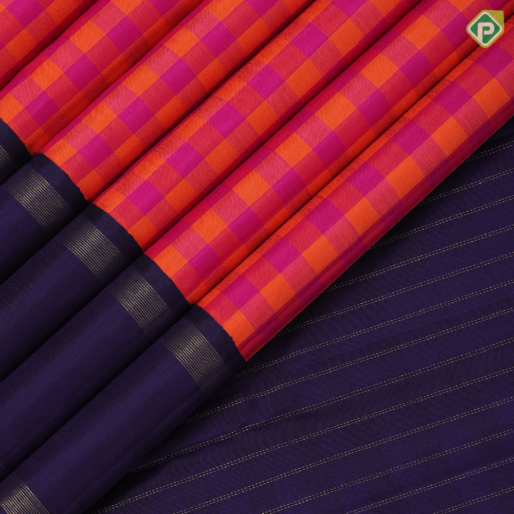 Pink and orange multi checks design contrast blue gold zari retta pett border traditional silk saree