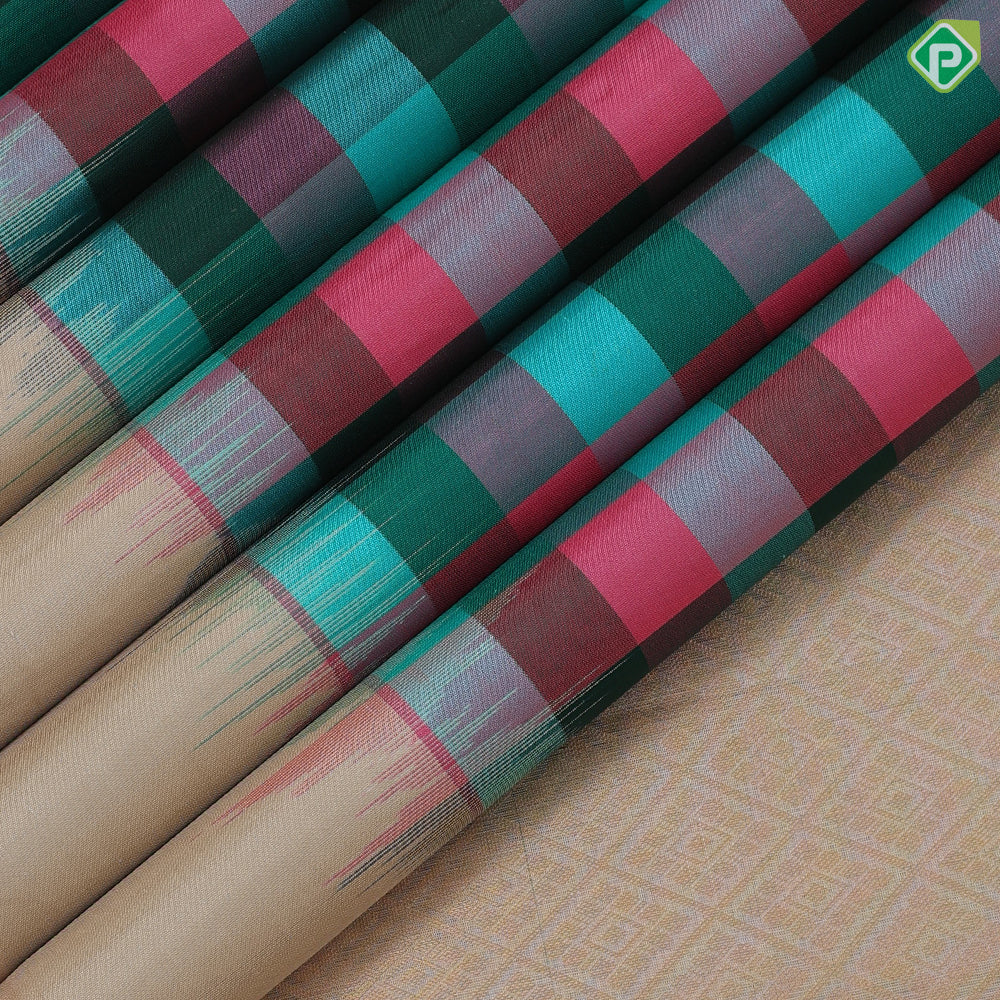 trending multi color checks design beige plain border gift silk saree