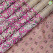 Cream White Gold Zari Big Square Check Bubblegum pink parrot rose cashew detailed Border Wedding Silk Saree