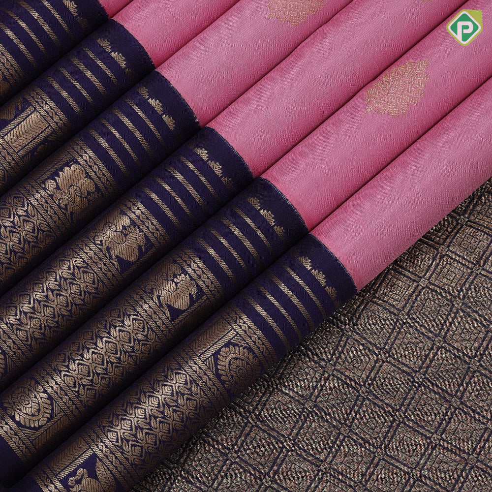 Pale pink gold zari peacock butta contrast blue gold zari multi design lines border vintage silk saree