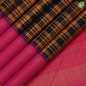 Black base orange and silver gold zari chennai checks design reddish pink silver gold zari lines border traditional silk saree
