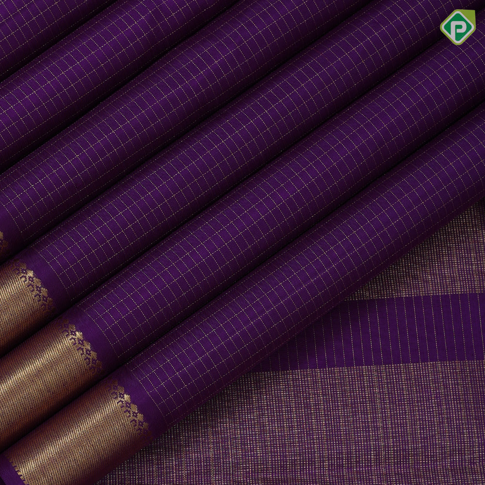 Purple with gold zari kattam checks design self gold zari bavanji border traditional koorai silk saree