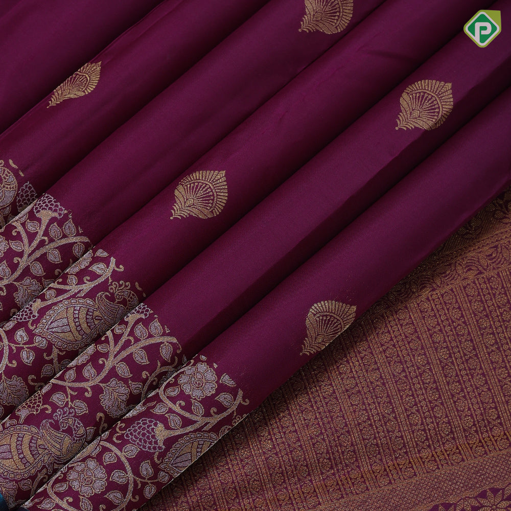 Dark purple gold zari fancy leaf butta design self gold zari grand peacock and creeper design border gift silk saree
