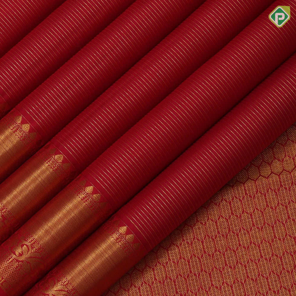 Red Gold Zari Vairaoosi Lines Self Colour Ruthracham Floral Border Design Traditional Silk Saree