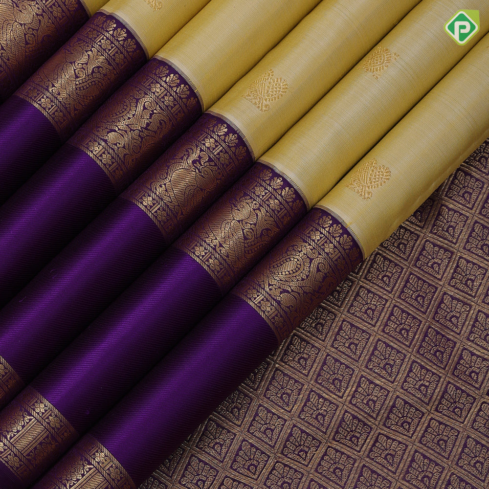 Sandal gold zari annam Chakkaram butta motifs purple blue gold zari retta pett border traditional retro silk saree