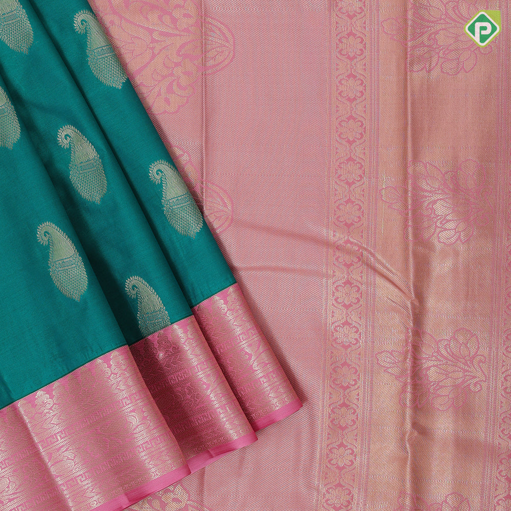 Emarald green gold zari mango butta design pink gold zari floral border uniform art silk set saree