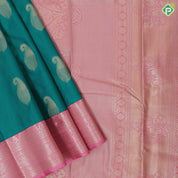 Emarald green gold zari mango butta design pink gold zari floral border uniform art silk set saree