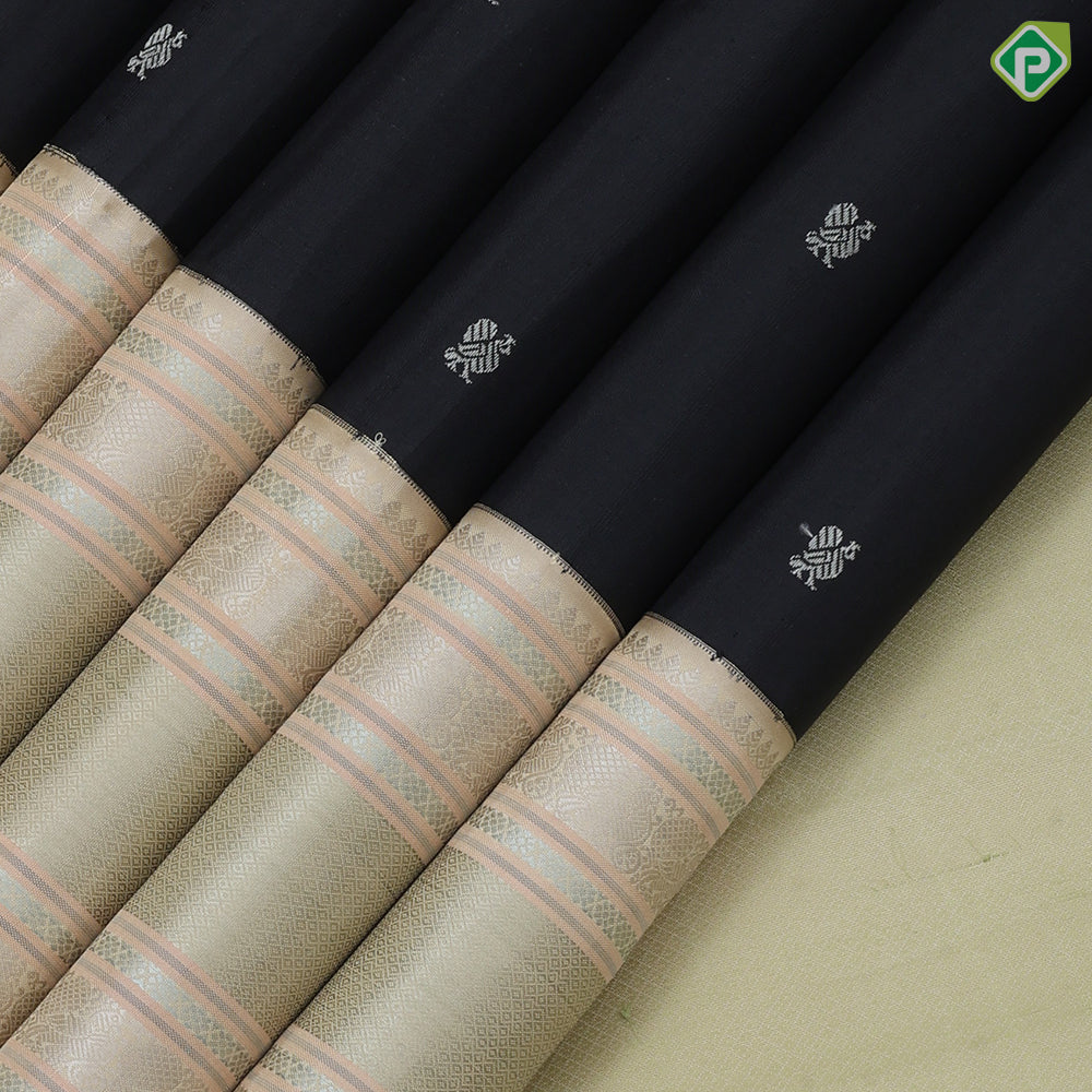 Black Colour Thread Peacock Butta Design Cream White Peacock Mayilkan Kamalam Border Design Luxury Black Silk Saree