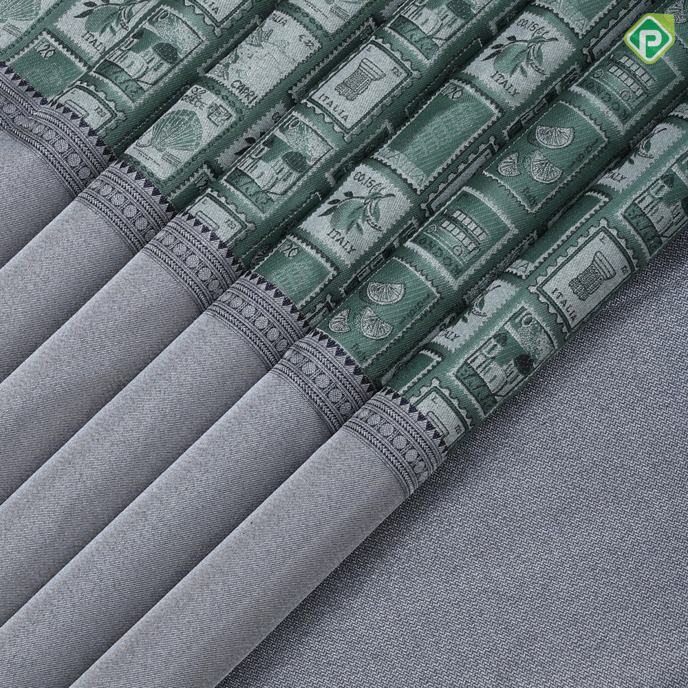 Amazon green post card design self blueish grey plain border contemporary trendy designer silk saree