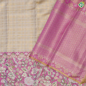 Cream White Gold Zari Big Square Check Bubblegum pink parrot rose cashew detailed Border Wedding Silk Saree