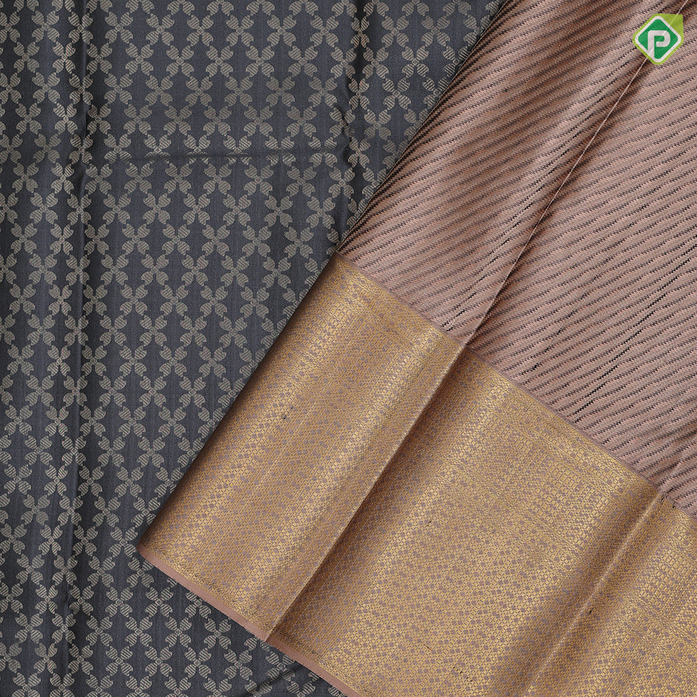 Steel grey silver gold zari grand geometrical design peach gold zari digital pattern design border bridal silk saree