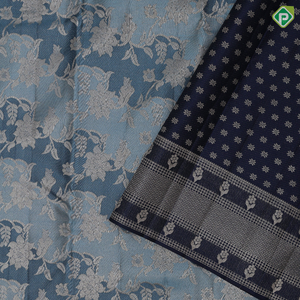 Greyish blue silver gold zari grand floral creeper design admiral blue silver gold zari fancy checks border grand bridal silk saree