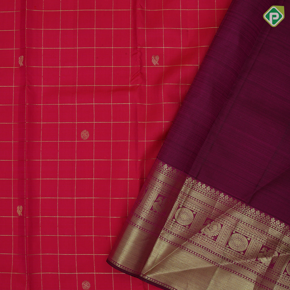 Pinkish red gold zari kattam butta motifs design purple pink gold zari peacock chakkaram butta border traditional silk saree