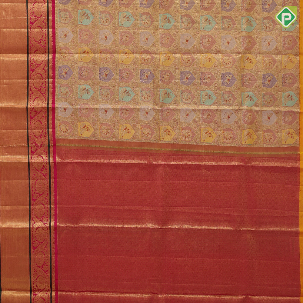 Multi color gold zari classic butta design rani pink gold zari thread work lines border tissue pattu paavadai