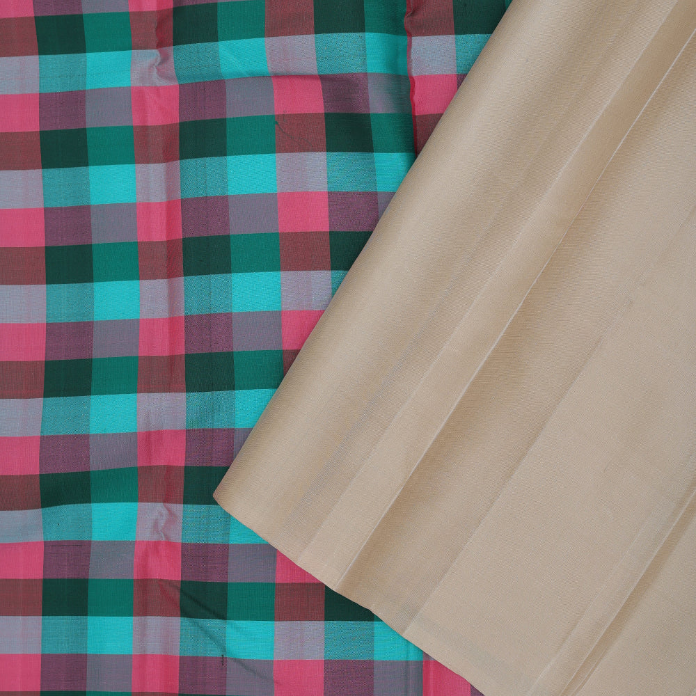 trending multi color checks design beige plain border gift silk saree