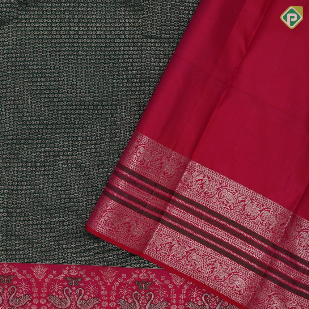 bottle green with copper silver zari self butta design tomato red silver gold zari double annam butta border grand silk saree