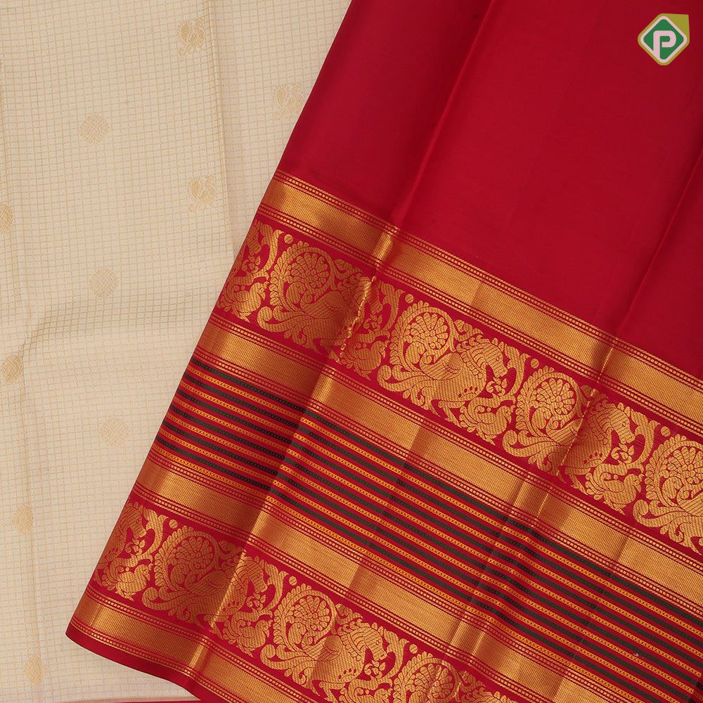 Milk white gold zari vairaoosi kattam butta design red gold zari peacock butta lines high border tradtional silk saree