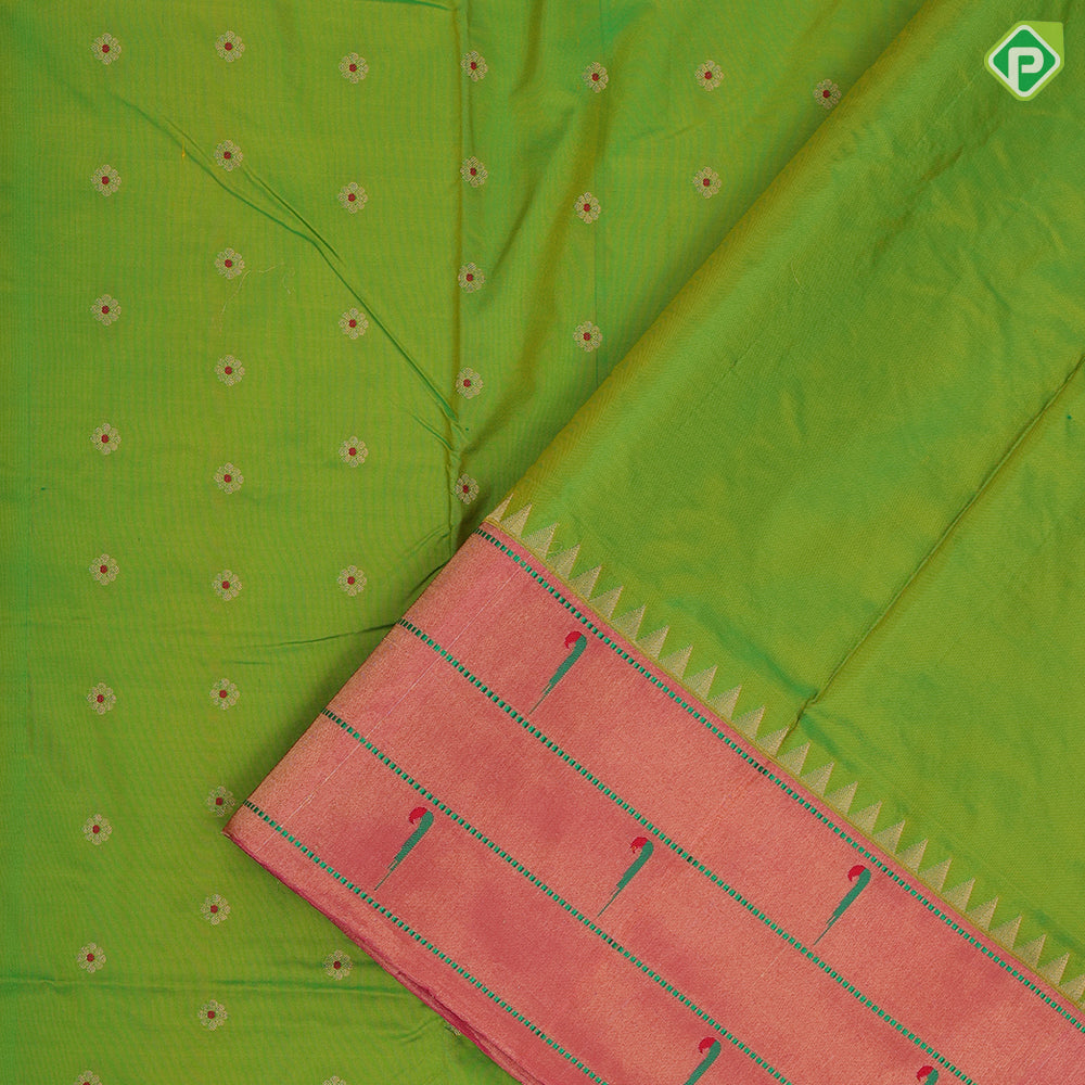 parrot green gold zari flower butta design pink paithani work border and pallu banaras silk saree
