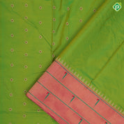 parrot green gold zari flower butta design pink paithani work border and pallu banaras silk saree