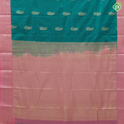 Emarald green gold zari mango butta design pink gold zari floral border uniform art silk set saree