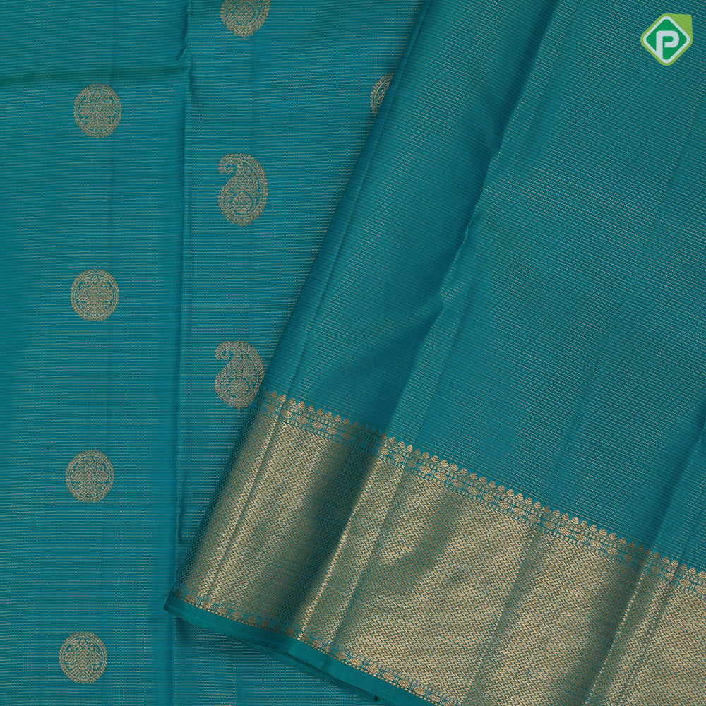 Teal green gold zari vairaoosi mango kandapiranda butta design self gold zari zig zag design border traditional vintage silk saree