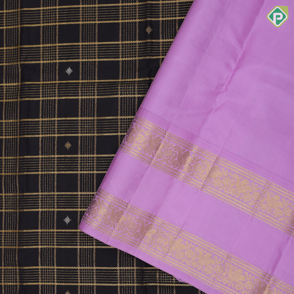 Mid night blue gold zari velthari checks diamond butta lavender gold zari floral retta pett border vintage silk saree