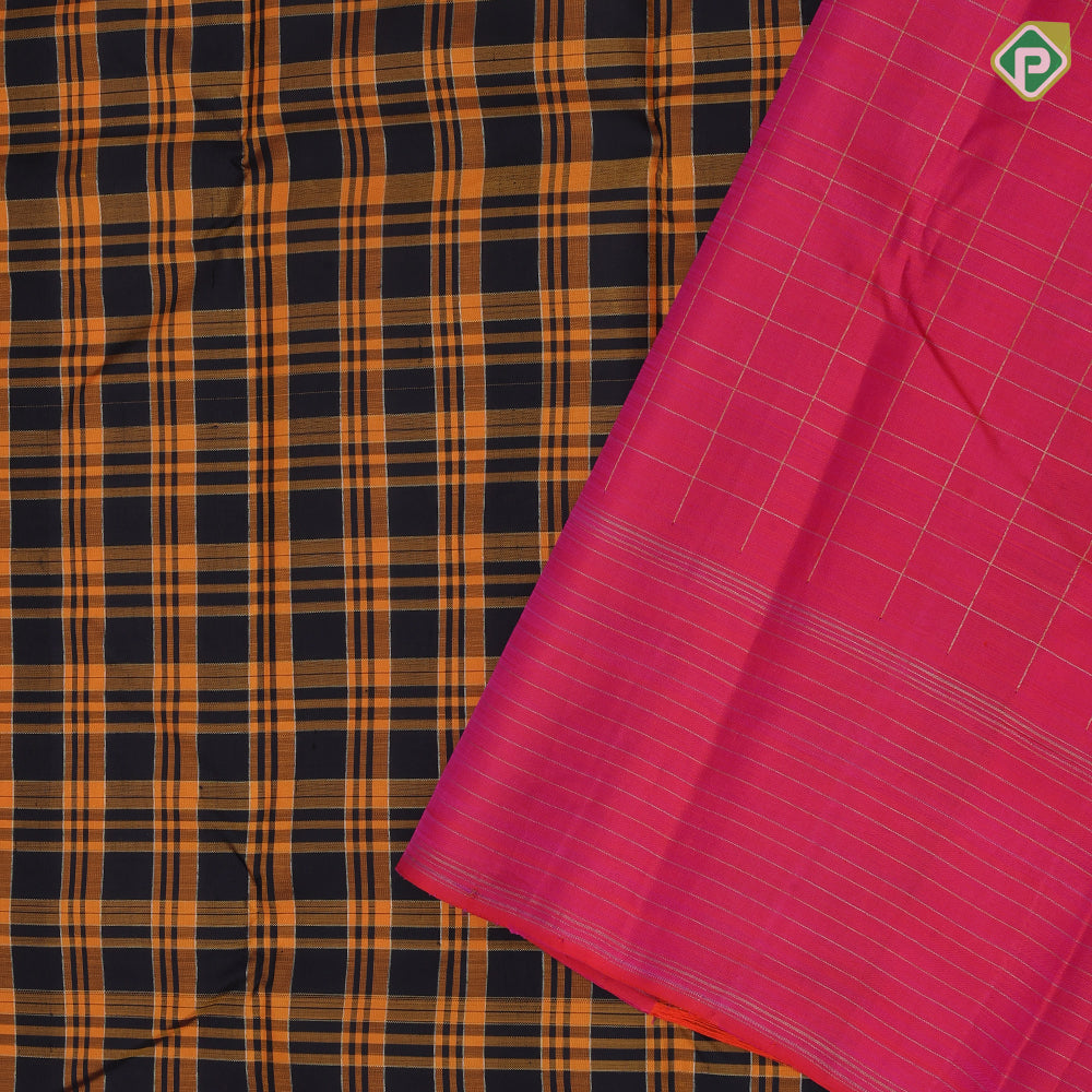 Black base orange and silver gold zari chennai checks design reddish pink silver gold zari lines border traditional silk saree