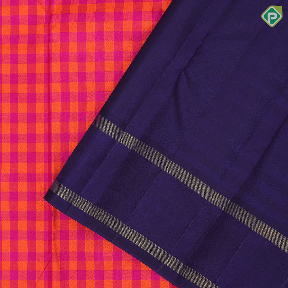 Pink and orange multi checks design contrast blue gold zari retta pett border traditional silk saree
