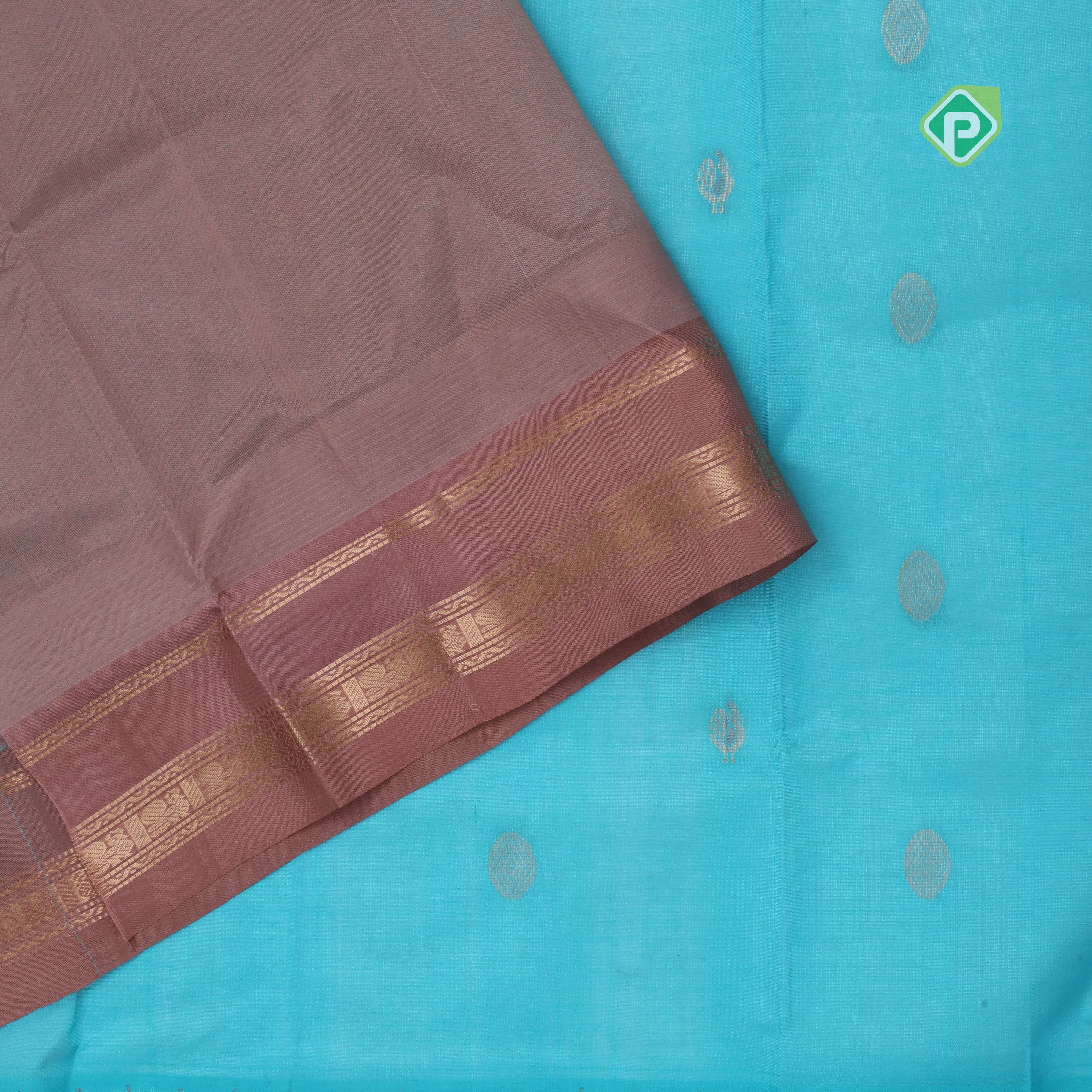 Sea blue with zari butta meena work onion pink gold zari border kuppadam silk cotton saree
