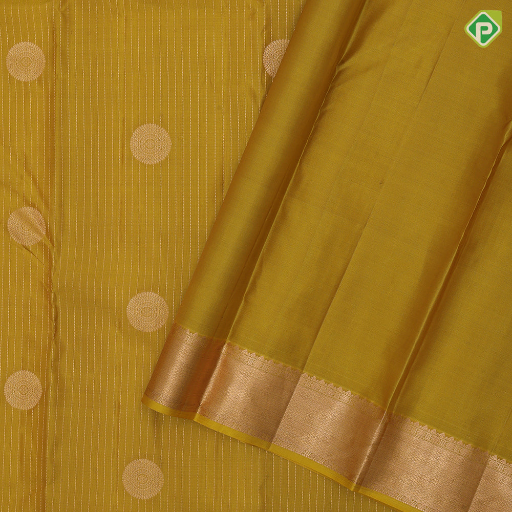 Citrine Yellow Gold Zari Vairaoosi Lines Chagaram Design Self Colour Mayilkan Ruthracham Border Design Traditional Silk Saree