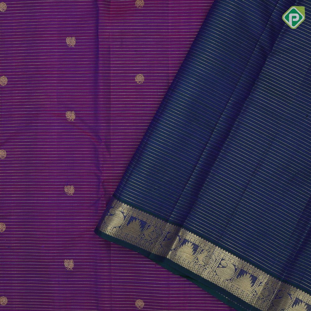 Purple Gold Zari Vairaoosi Lines Peacock Charaga Motif Design Peacock Blue Manga Temple Reck Peacock Border Design Traditional Silk Saree