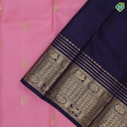Pale pink gold zari peacock butta contrast blue gold zari multi design lines border vintage silk saree