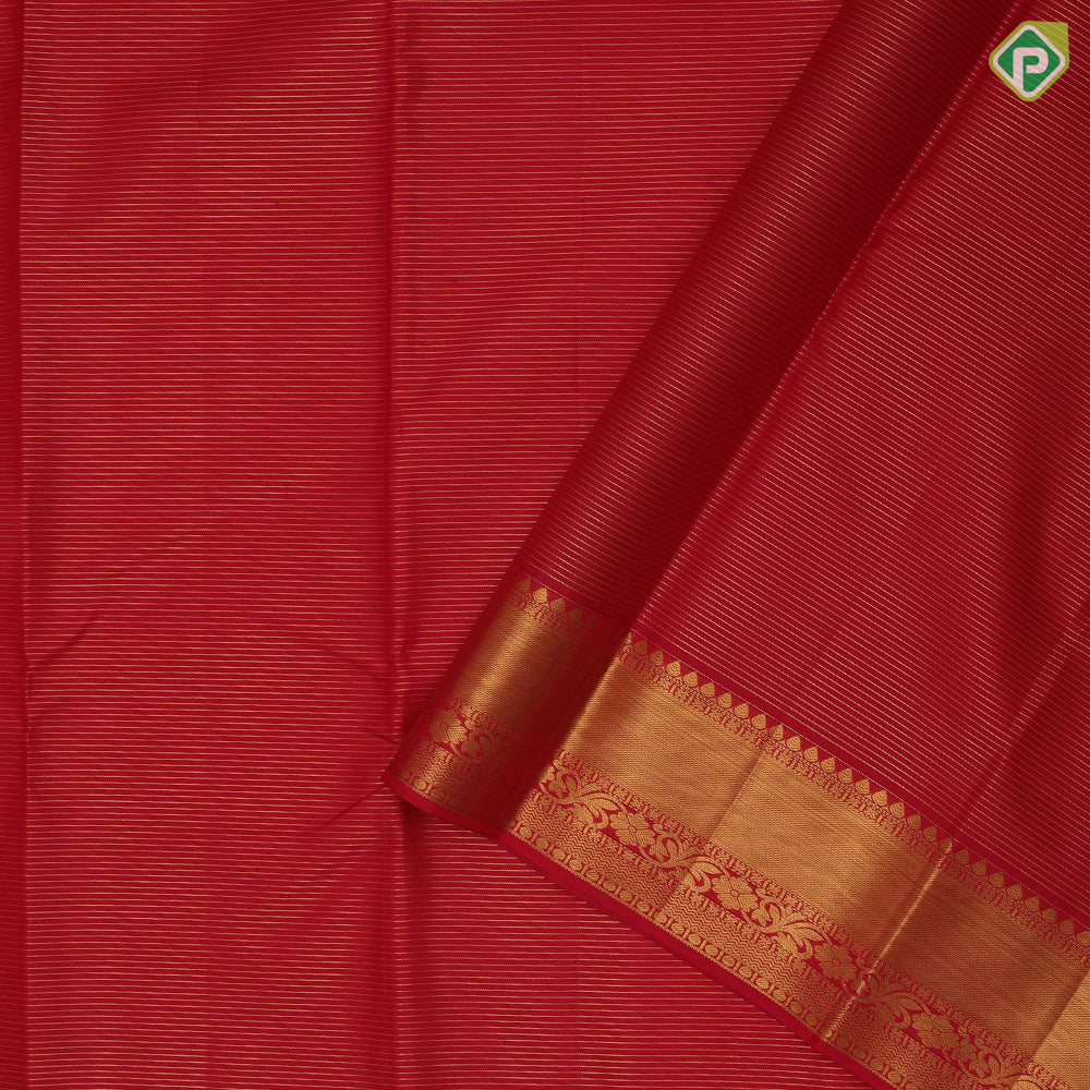 Red Gold Zari Vairaoosi Lines Self Colour Ruthracham Floral Border Design Traditional Silk Saree