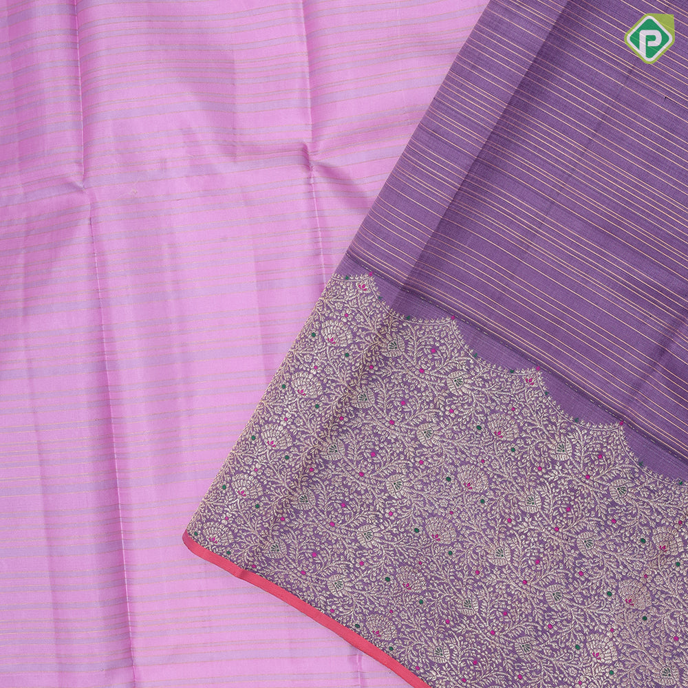 Lavender base gold zari padded grey Lines design light purple gold zari meena work banarasi style border Fusion silk saree