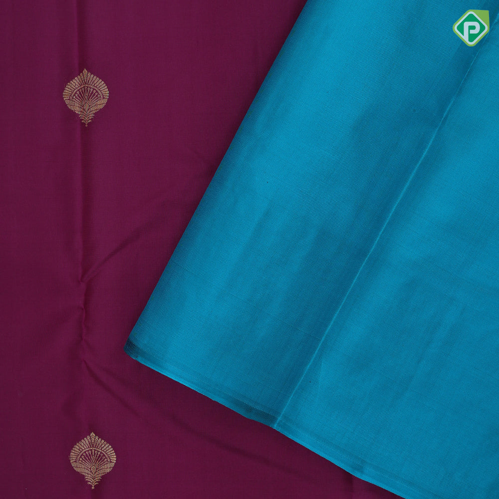 Dark purple gold zari fancy leaf butta design self gold zari grand peacock and creeper design border gift silk saree