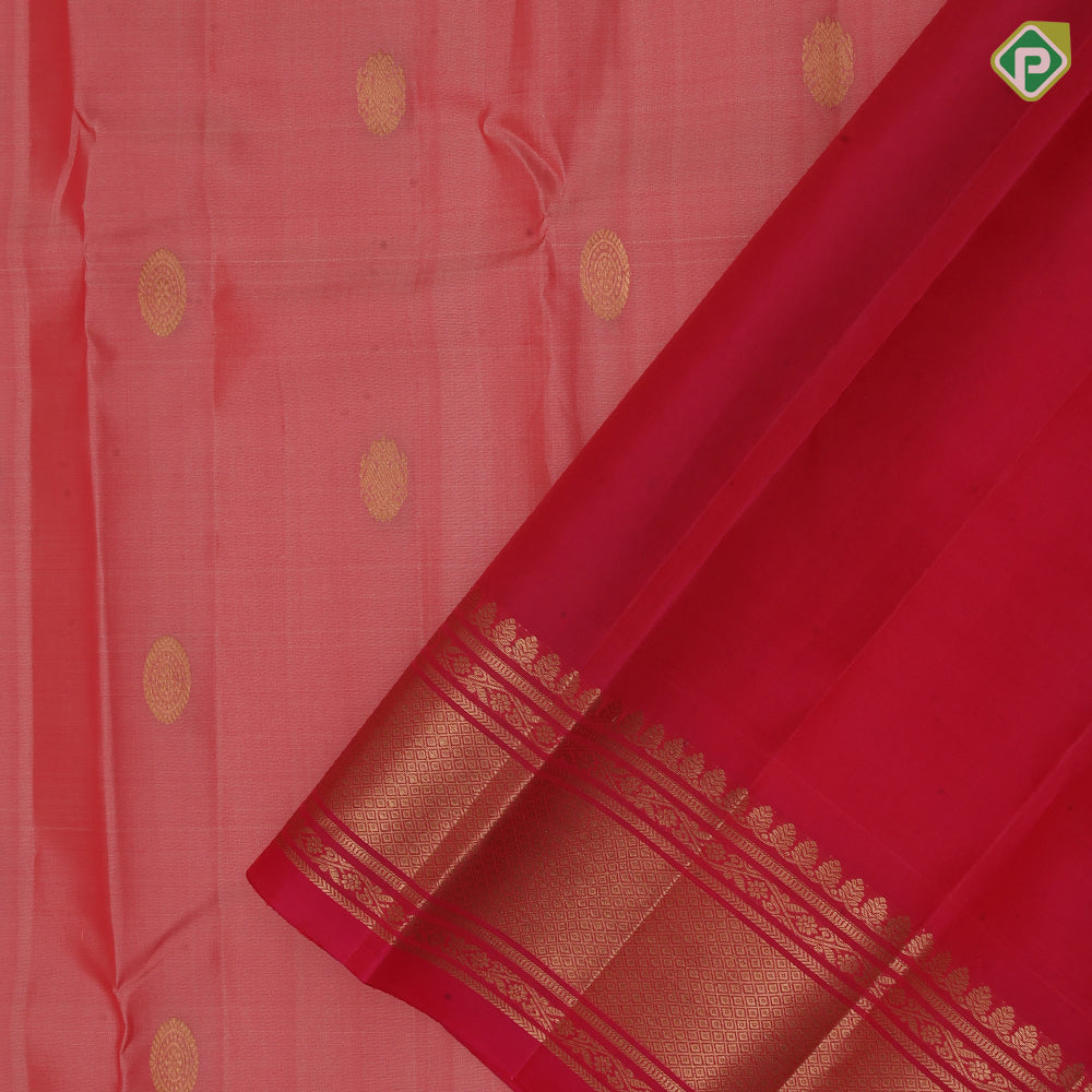 Peach Colour Gold Zari Small Butta Design Chilly Red Mayilkan Border Design Pure Mix Silk Saree
