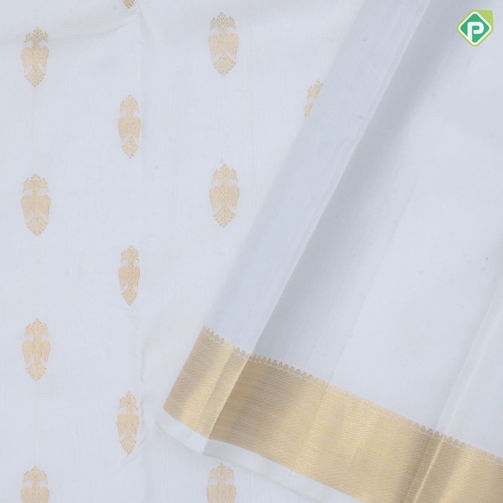 Pure white gold zari gandapiranda butta motifs self gold zari bavanji border traditional silk saree