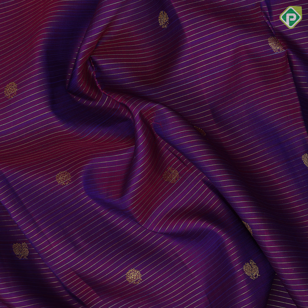 Purple Gold Zari Vairaoosi Lines Peacock Charaga Motif Design Peacock Blue Manga Temple Reck Peacock Border Design Traditional Silk Saree