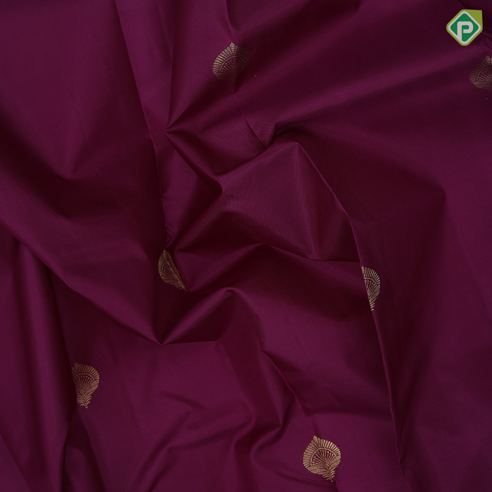 Dark purple gold zari fancy leaf butta design self gold zari grand peacock and creeper design border gift silk saree
